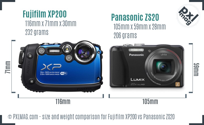Fujifilm XP200 vs Panasonic ZS20 size comparison