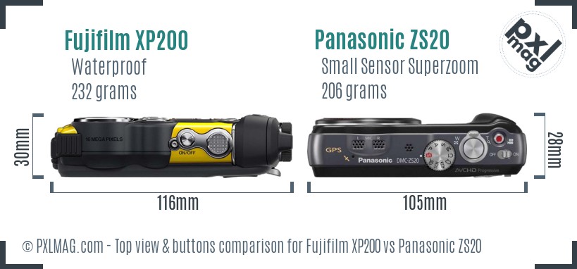 Fujifilm XP200 vs Panasonic ZS20 top view buttons comparison