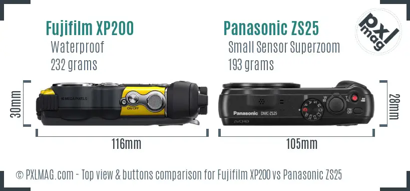 Fujifilm XP200 vs Panasonic ZS25 top view buttons comparison Fujifilm XP200 vs Panasonic ZS25 top view buttons comparison