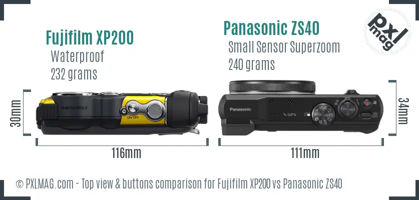 Fujifilm XP200 vs Panasonic ZS40 top view buttons comparison Fujifilm XP200 vs Panasonic ZS40 top view buttons comparison