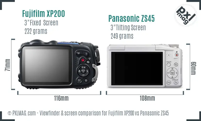 Fujifilm XP200 vs Panasonic ZS45 Screen and Viewfinder comparison