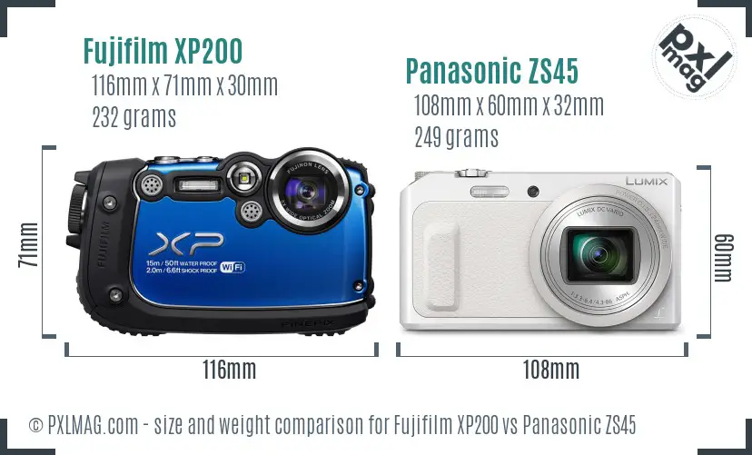 Fujifilm XP200 vs Panasonic ZS45 size comparison