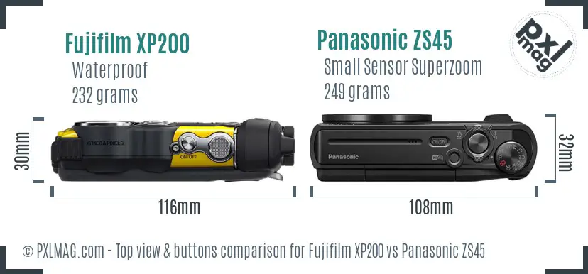 Fujifilm XP200 vs Panasonic ZS45 top view buttons comparison