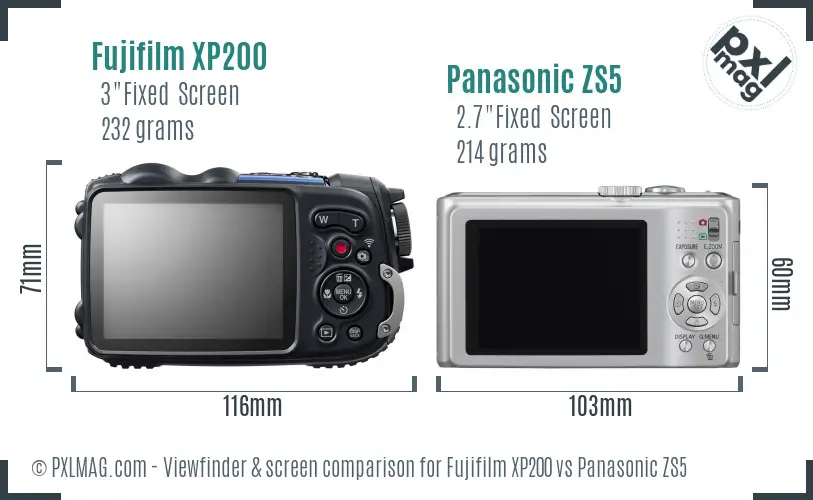 Fujifilm XP200 vs Panasonic ZS5 Screen and Viewfinder comparison