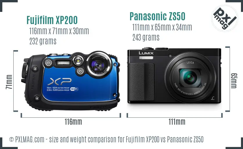 Fujifilm XP200 vs Panasonic ZS50 size comparison