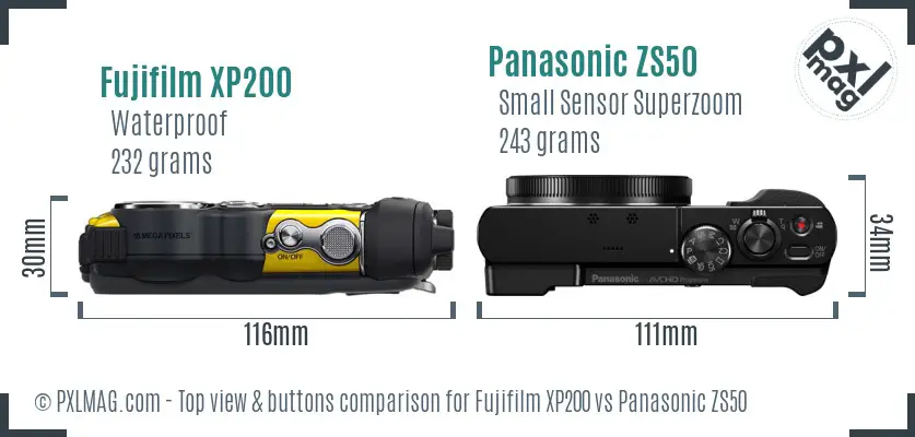 Fujifilm XP200 vs Panasonic ZS50 top view buttons comparison