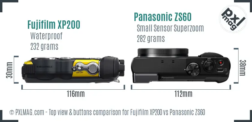 Fujifilm XP200 vs Panasonic ZS60 top view buttons comparison