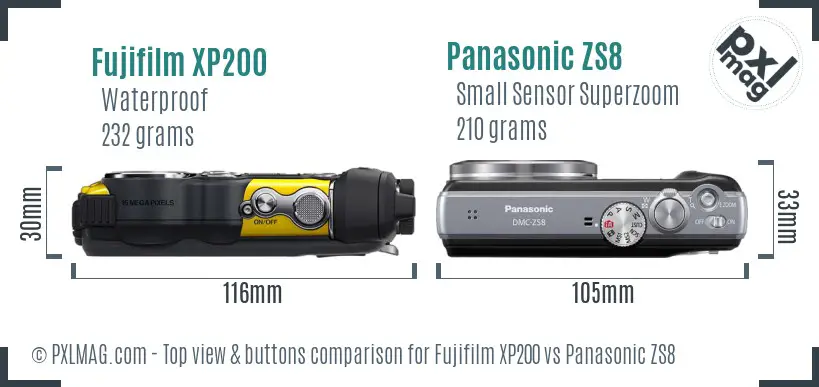 Fujifilm XP200 vs Panasonic ZS8 top view buttons comparison Fujifilm XP200 vs Panasonic ZS8 top view buttons comparison