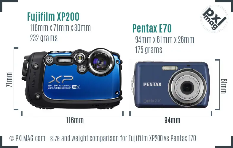 Fujifilm XP200 vs Pentax E70 size comparison Fujifilm XP200 vs Pentax E70 size comparison