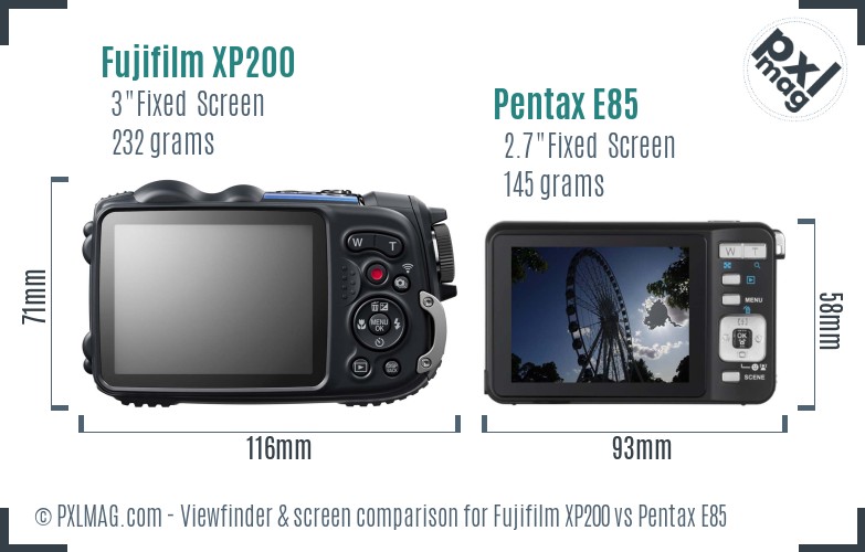 Fujifilm XP200 vs Pentax E85 Screen and Viewfinder comparison