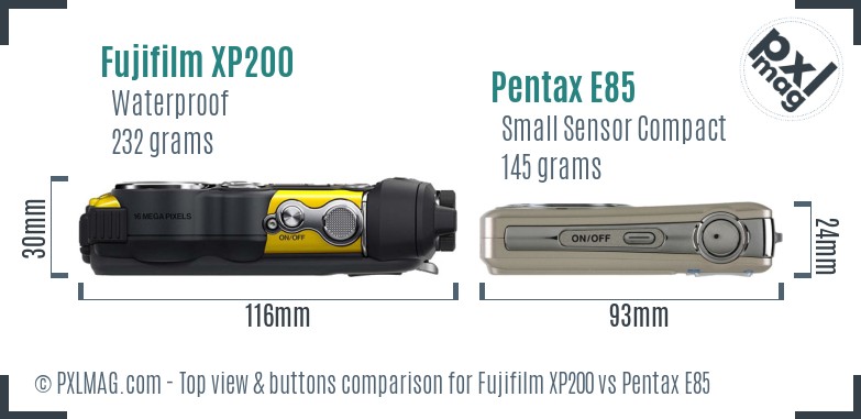 Fujifilm XP200 vs Pentax E85 top view buttons comparison