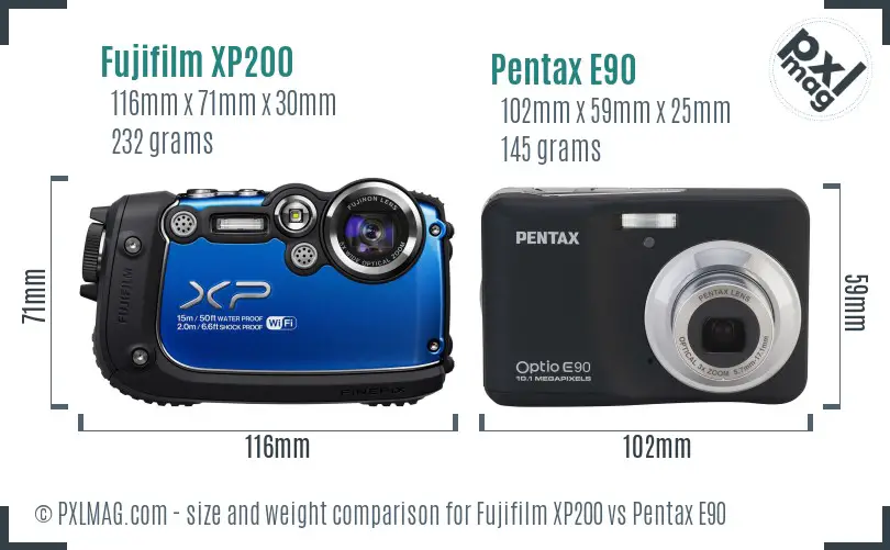 Fujifilm XP200 vs Pentax E90 size comparison
