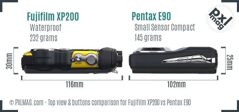 Fujifilm XP200 vs Pentax E90 top view buttons comparison