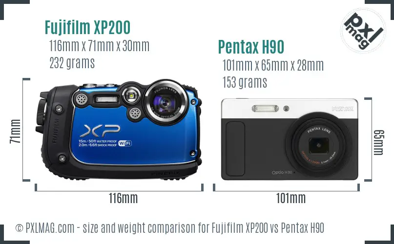 Fujifilm XP200 vs Pentax H90 size comparison