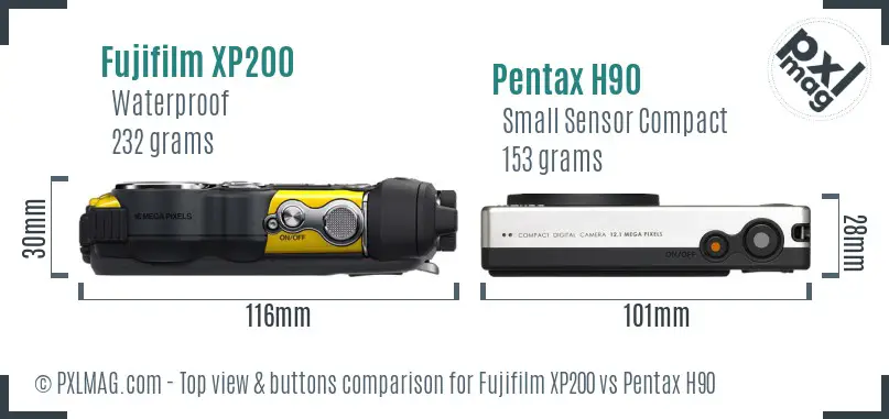 Fujifilm XP200 vs Pentax H90 top view buttons comparison