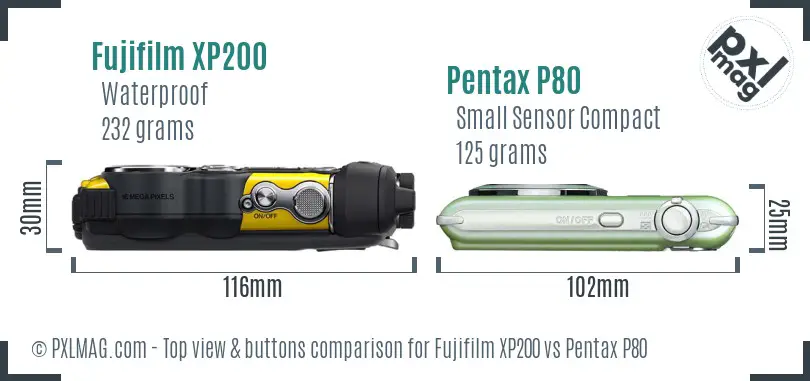 Fujifilm XP200 vs Pentax P80 top view buttons comparison