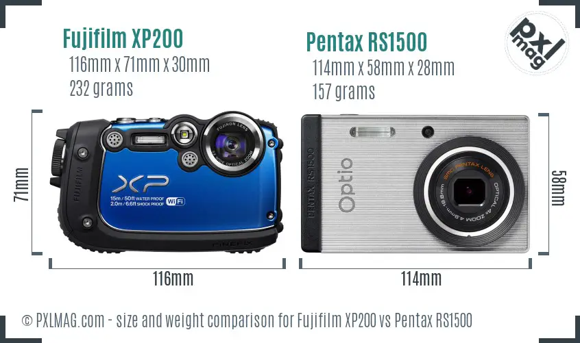 Fujifilm XP200 vs Pentax RS1500 size comparison