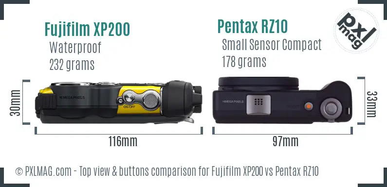 Fujifilm XP200 vs Pentax RZ10 top view buttons comparison