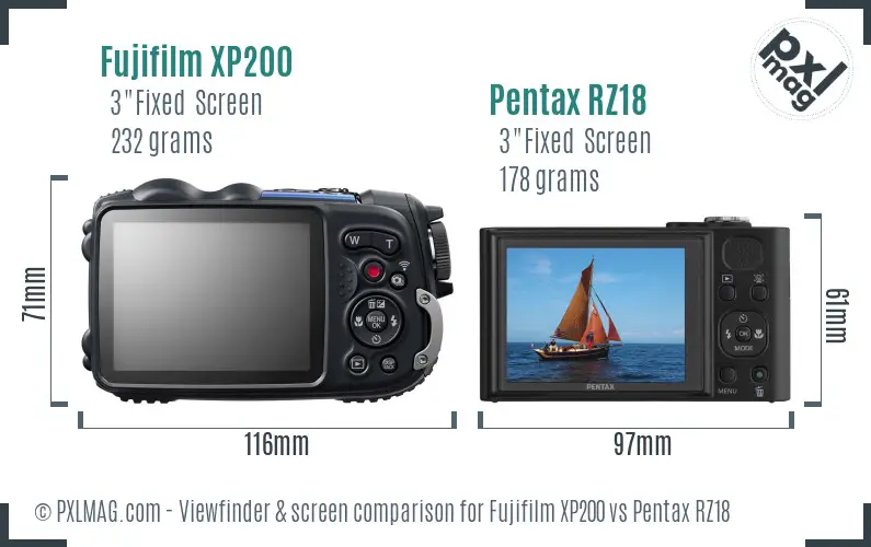 Fujifilm XP200 vs Pentax RZ18 Screen and Viewfinder comparison