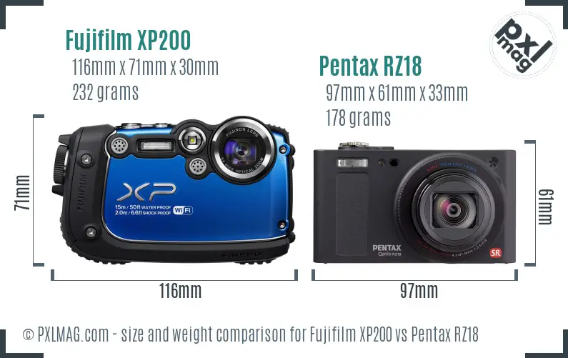 Fujifilm XP200 vs Pentax RZ18 size comparison