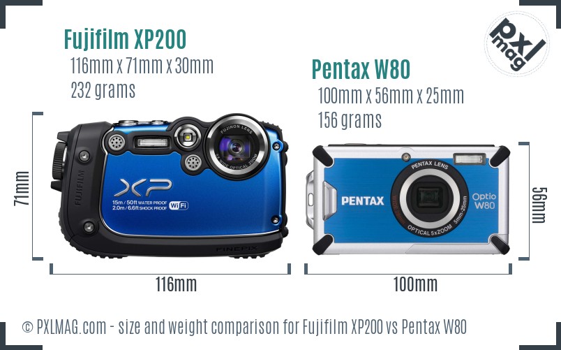 Fujifilm XP200 vs Pentax W80 size comparison
