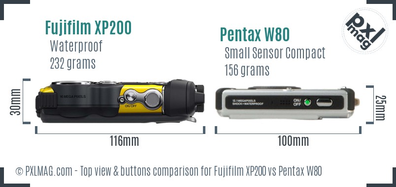 Fujifilm XP200 vs Pentax W80 top view buttons comparison