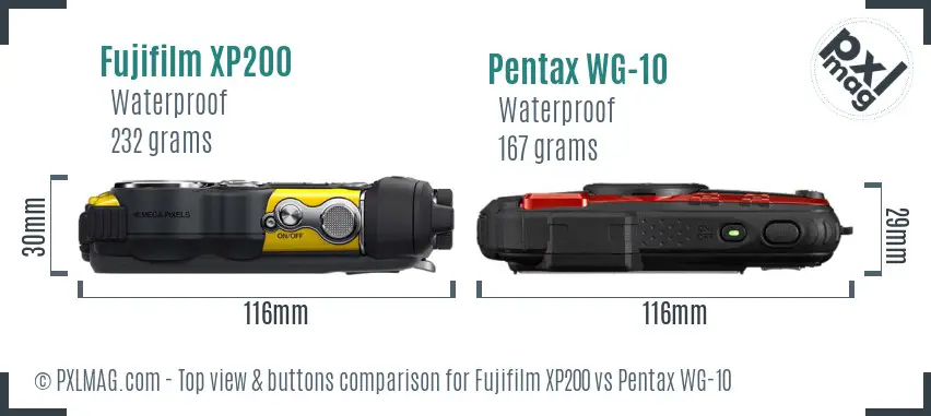 Fujifilm XP200 vs Pentax WG-10 top view buttons comparison