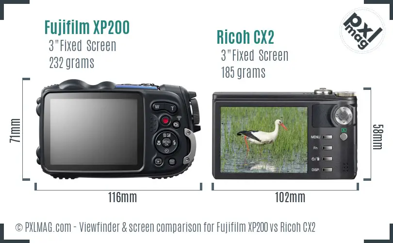 Fujifilm XP200 vs Ricoh CX2 Screen and Viewfinder comparison