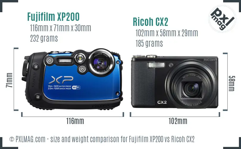 Fujifilm XP200 vs Ricoh CX2 size comparison