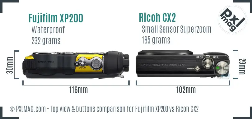 Fujifilm XP200 vs Ricoh CX2 top view buttons comparison