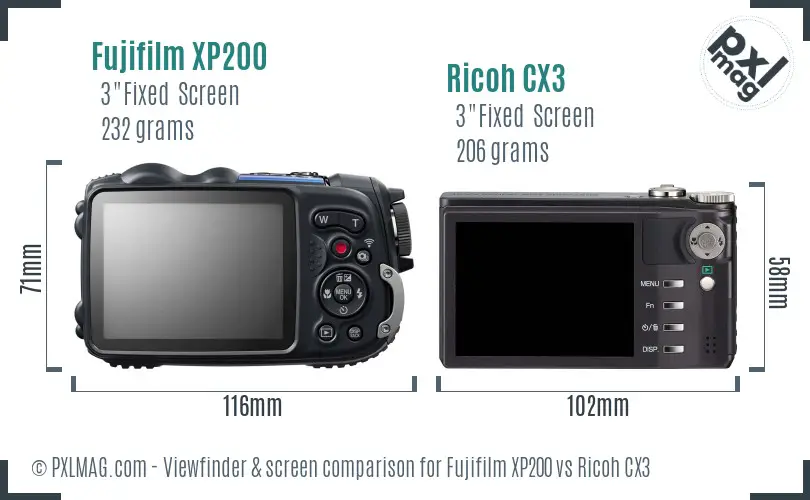 Fujifilm XP200 vs Ricoh CX3 Screen and Viewfinder comparison