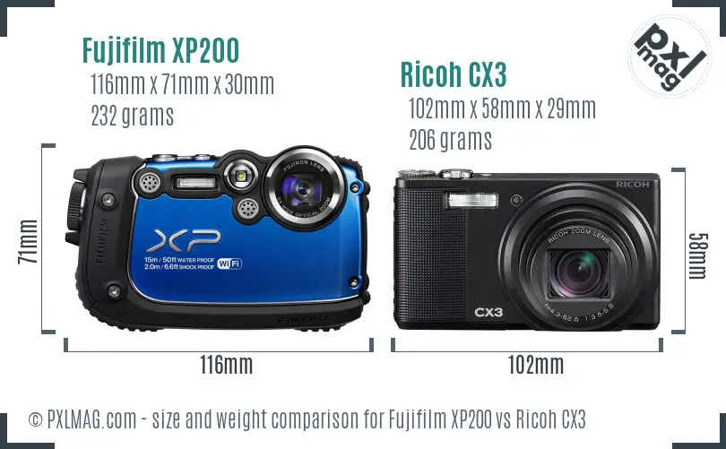 Fujifilm XP200 vs Ricoh CX3 size comparison