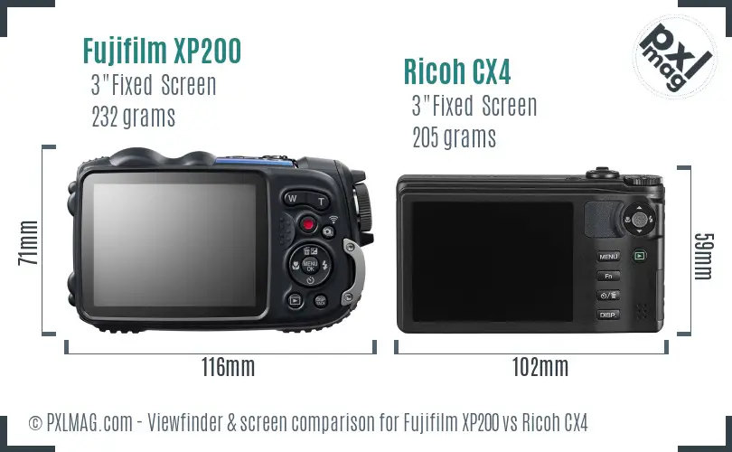 Fujifilm XP200 vs Ricoh CX4 Screen and Viewfinder comparison