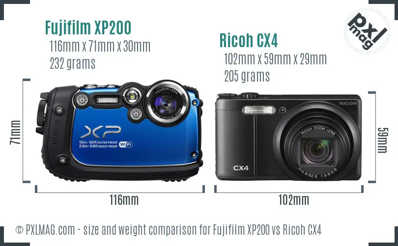 Fujifilm XP200 vs Ricoh CX4 size comparison