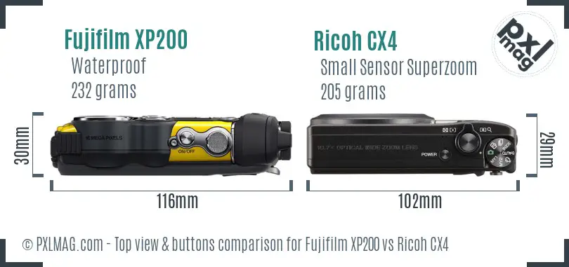 Fujifilm XP200 vs Ricoh CX4 top view buttons comparison