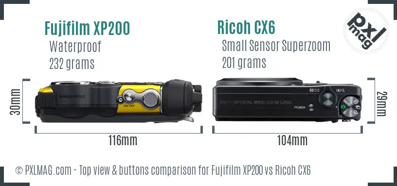 Fujifilm XP200 vs Ricoh CX6 top view buttons comparison