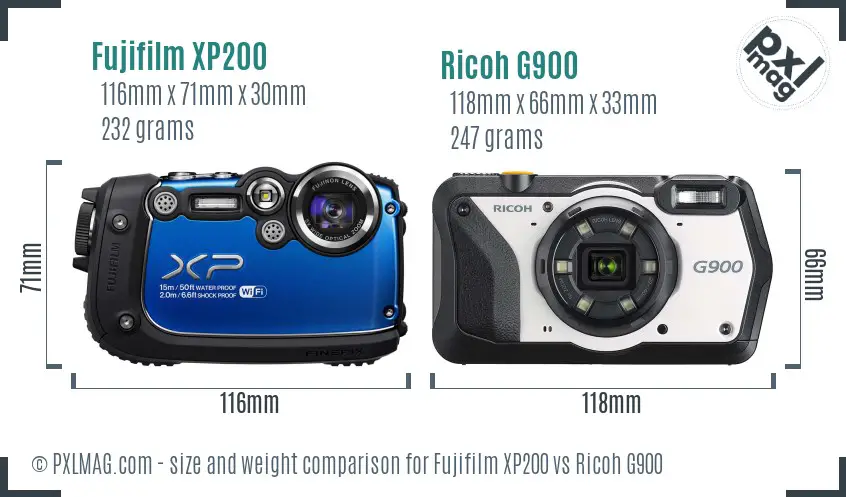 Fujifilm XP200 vs Ricoh G900 size comparison