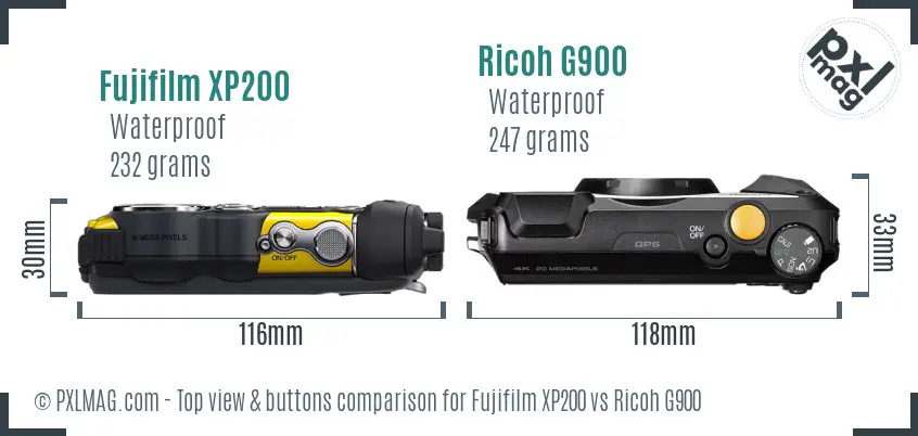 Fujifilm XP200 vs Ricoh G900 top view buttons comparison