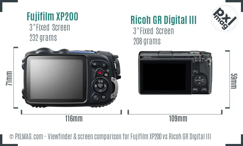 Fujifilm XP200 vs Ricoh GR Digital III Screen and Viewfinder comparison