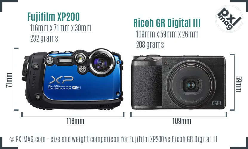 Fujifilm XP200 vs Ricoh GR Digital III size comparison