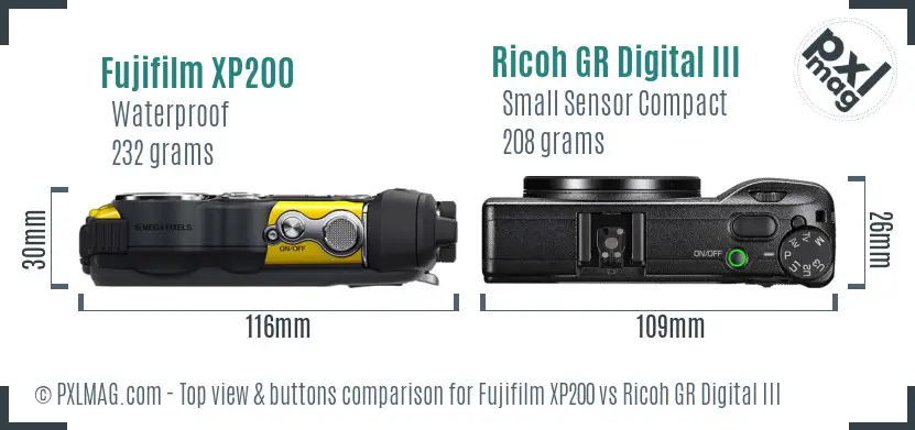 Fujifilm XP200 vs Ricoh GR Digital III top view buttons comparison