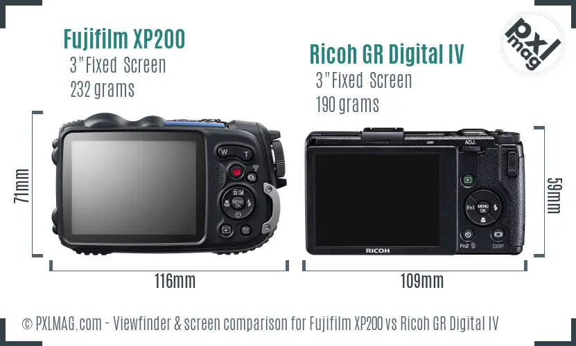 Fujifilm XP200 vs Ricoh GR Digital IV Screen and Viewfinder comparison