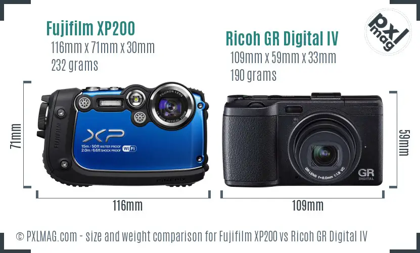 Fujifilm XP200 vs Ricoh GR Digital IV size comparison