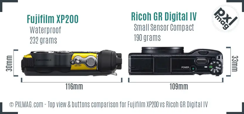 Fujifilm XP200 vs Ricoh GR Digital IV top view buttons comparison