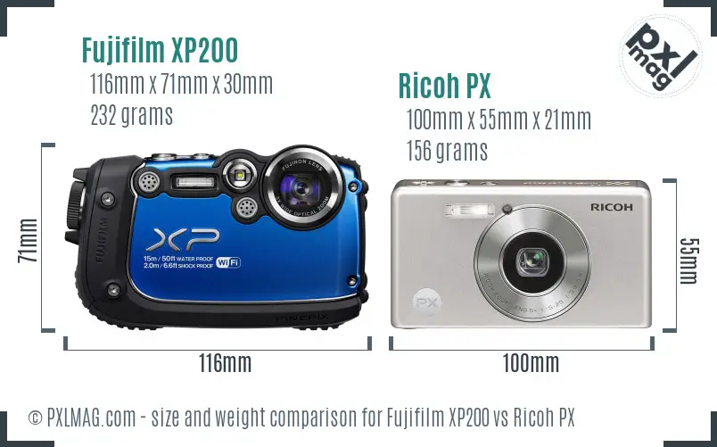 Fujifilm XP200 vs Ricoh PX size comparison