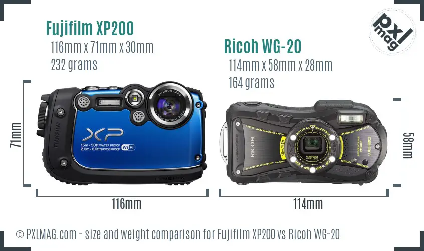 Fujifilm XP200 vs Ricoh WG-20 size comparison