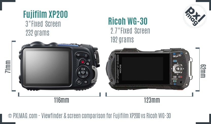Fujifilm XP200 vs Ricoh WG-30 Screen and Viewfinder comparison