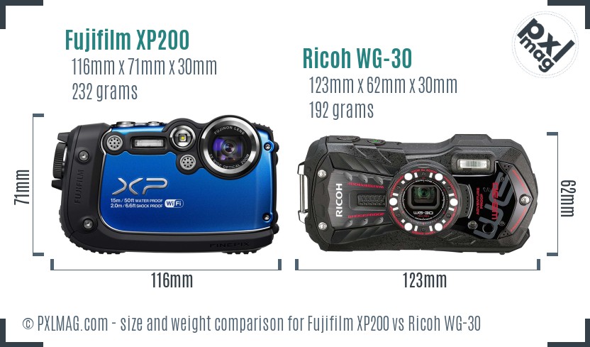 Fujifilm XP200 vs Ricoh WG-30 size comparison