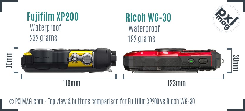 Fujifilm XP200 vs Ricoh WG-30 top view buttons comparison