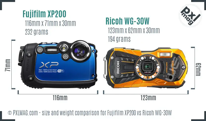 Fujifilm XP200 vs Ricoh WG-30W size comparison Fujifilm XP200 vs Ricoh WG-30W size comparison